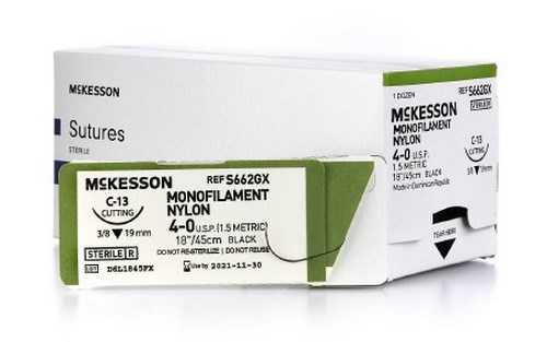 Suture with Needle McKesson Nonabsorbable Black Monofilament Nylon Size 4-0 18 Inch Suture 1-Needle 19 mm 3/8 Circle Reverse Cutting Needle S662GX Box/12 MCK BRAND 1034507_BX