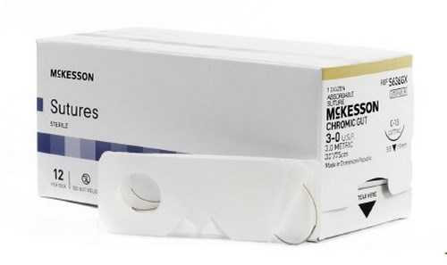 Suture with Needle McKesson Absorbable Undyed Chromic Gut Size 3-0 30 Inch Suture 1-Needle 19 mm 3/8 Circle Reverse Cutting Needle S636GX Box/12 MCK BRAND 1034497_BX