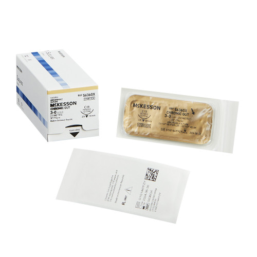 McKesson McKesson Absorbable Suture with Needle, Chromic Gut, Size 3 - 0, 30'' Suture, 1-Needle, Undyed, Needle Length 19 mm, 3/8 Circle, Reverse Cutting Needle, Box of 1