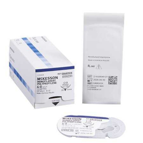 Suture with Needle McKesson Nonabsorbable Blue Monofilament Polypropylene Size 4-0 18 Inch Suture 1-Needle 19 mm 3/8 Circle Reverse Cutting Needle S8683GX Box/12 MCK BRAND 1034520_BX