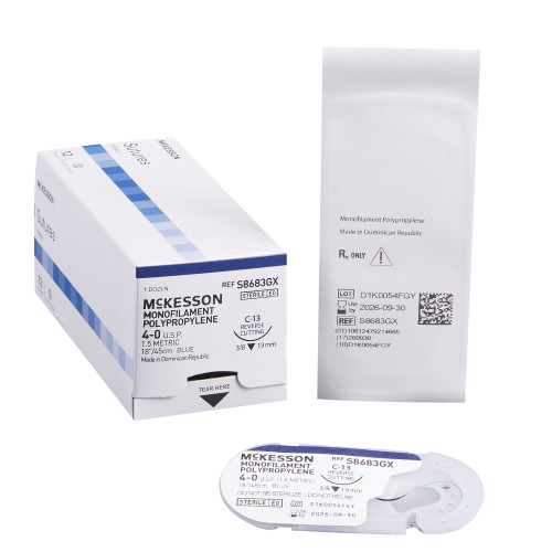 Nonabsorbable Suture with Needle McKesson Polypropylene C-13 3/8 Circle Reverse Cutting Needle Size 4 - 0 Monofilament S8683GX Box of 1