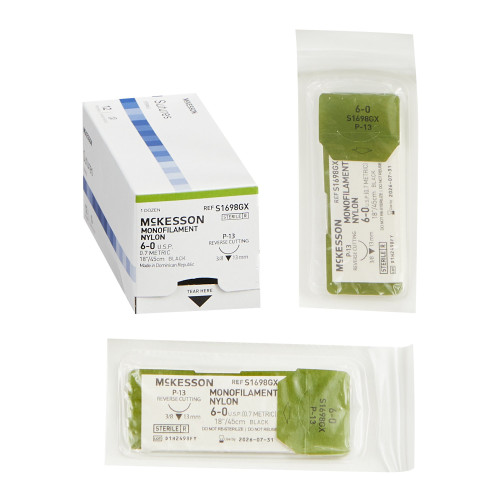 Nonabsorbable Suture with Needle McKesson Nylon P-13 3/8 Circle Precision Reverse Cutting Needle Size 6 - 0 Monofilament S1698GX Box of 1