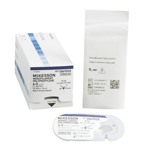 Nonabsorbable Suture with Needle McKesson Polypropylene P-13 3/8 Circle Precision Reverse Cutting Needle Size 6 - 0 Monofilament S8695GX Box of 1