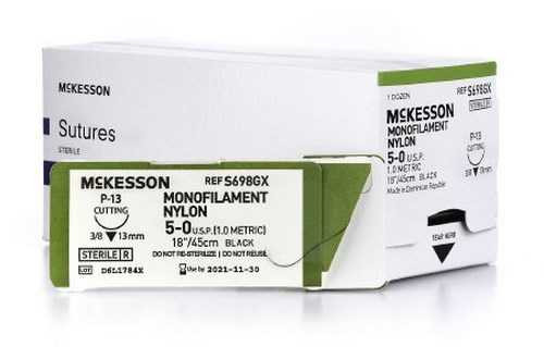 Suture with Needle McKesson Nonabsorbable Black Monofilament Nylon Size 5-0 18 Inch Suture 1-Needle 13 mm 3/8 Circle Reverse Cutting Needle S698GX Box/12 MCK BRAND 1034511_BX