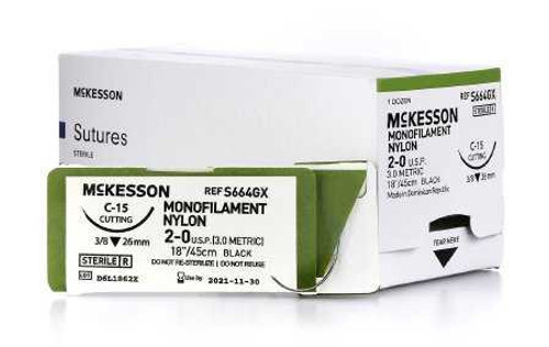 Suture with Needle McKesson Nonabsorbable Black Monofilament Nylon Size 2-0 18 Inch Suture 1-Needle 26 mm 3/8 Circle Reverse Cutting Needle S664GX Box/12 MCK BRAND 1034509_BX
