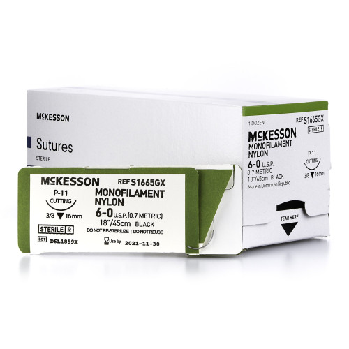 Nonabsorbable Suture with Needle McKesson Nylon P-11 3/8 Circle Precision Reverse Cutting Needle Size 6 - 0 Monofilament S1665GX Box of 1