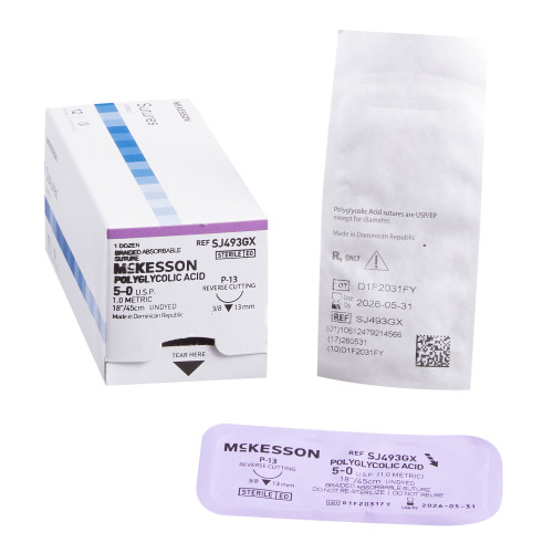 McKesson McKesson Absorbable Suture with Needle, Size 5 - 0, 18'' Suture, 1-Needle, Undyed, Needle Length 13 mm, 3/8 Circle, Precision Reverse Cutting Needle, Box of 1