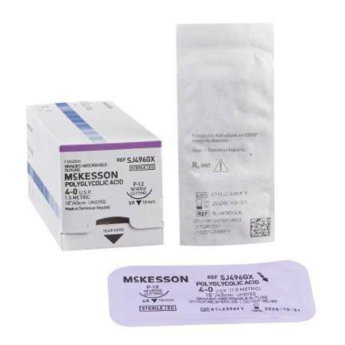 Suture with Needle McKesson Absorbable Undyed Braided Polyglycolic Acid Size 4-0 18 Inch Suture 1-Needle 19 mm 3/8 Circle Reverse Cutting Needle SJ496GX Box/12 MCK BRAND 1034536_BX