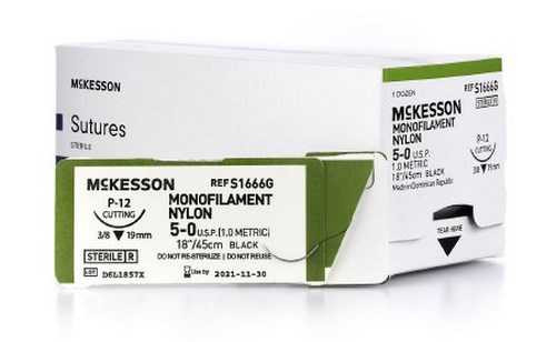 Suture with Needle McKesson Nonabsorbable Monofilament Nylon Size 5-0 18 Inch Suture 1-Needle 19 mm 3/8 Circle Reverse Cutting Needle S1666G Box/12 MCK BRAND 1034501_BX