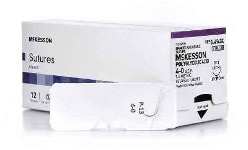 Suture with Needle McKesson Absorbable Undyed Braided Polyglycolic Acid Size 4-0 18 Inch Suture 1-Needle 13 mm 3/8 Circle Reverse Cutting Needle SJ494GX Box/12 MCK BRAND 1034535_BX