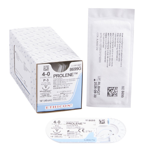 Prolene Nonabsorbable Suture with Needle, Precision Reverse Cutting Needle, 13 mm, 4-0 Monofilament, 8699G, Box of 12