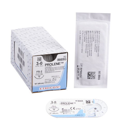 Nonabsorbable Suture with Needle Prolene Polypropylene FS-2 3/8 Circle Reverse Cutting Needle Size 3 - 0 Monofilament 8665G Box of 12