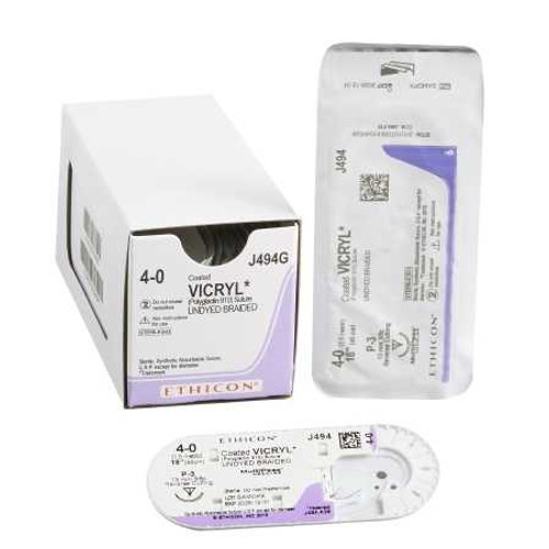 Absorbable Suture with Needle Coated Vicryl™ Polyglactin 910 P-3 3/8 Circle Precision Reverse Cutting Needle Size 4 - 0 Braided J494G Box of 12 Coated Vicryl™ 99421_BX