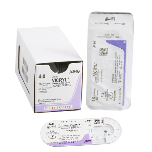 J & J Coated Vicryl Absorbable Suture with Needle, Size 4 - 0, 18'' Suture, 1-Needle, Undyed, Needle Length 13 mm, 3/8 Circle, Precision Reverse Cutting Needle, Box of 12