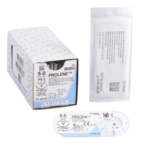 Nonabsorbable Suture with Needle Prolene Polypropylene PS-2 3/8 Circle Precision Reverse Cutting Needle Size 5 - 0 Monofilament 8686G Box of 12