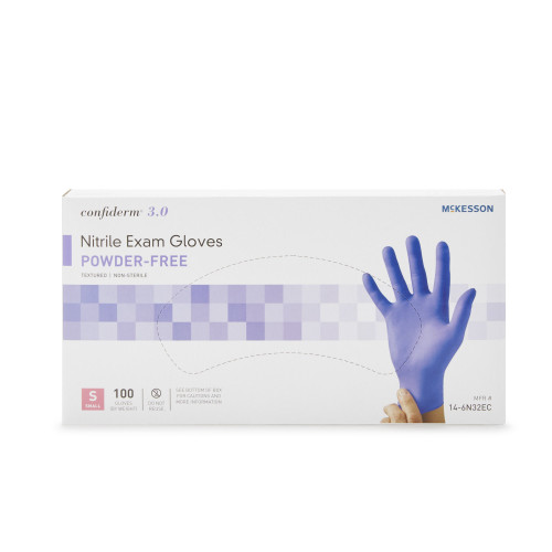 McKesson Confiderm 3.0 Exam Glove Small NonSterile Nitrile Standard Cuff Length Textured Fingertips Blue Chemo Tested / Fentanyl Tested, 14-6N32EC, Case of 1000