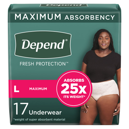 Depend Fresh Protection Absorbent Underwear Waistband Style Adult Large Female Disposable Heavy Absorbency, 48124, Pack of 17