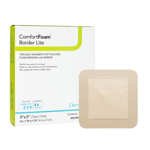 ComfortFoam Border Lite Thin Foam Dressing 3 X 3 Inch With Border Waterproof Backing Silicone Adhesive Square Sterile, 47330, Pack of 1