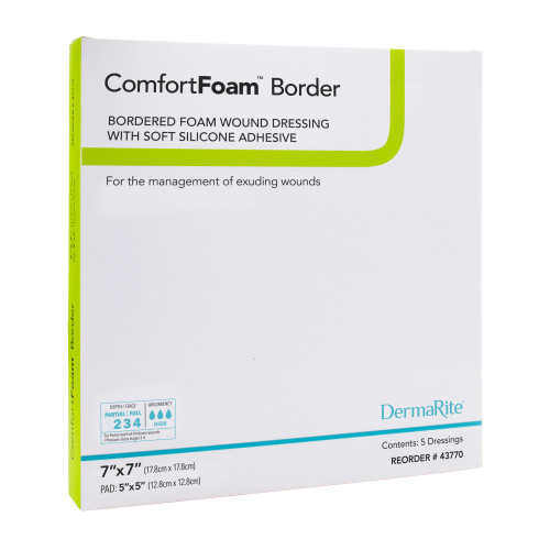 ComfortFoam Border Foam Dressing 7 X 7 Inch With Border Waterproof Backing Silicone Adhesive Square Sterile, 43770, Pack of 1