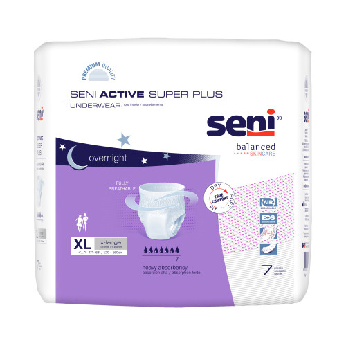 Seni Active Super Plus Absorbent Underwear Pull On with Tear Away Seams Adult X-Large Unisex Disposable Heavy Absorbency, S-XL07-AP1, Case of 28