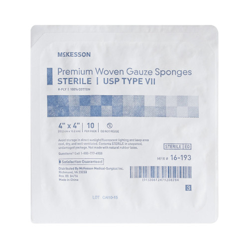 McKesson Gauze Sponge 4 X 4 Inch 8-Ply Sterile 10 per Tray, 16-193, Case of 128