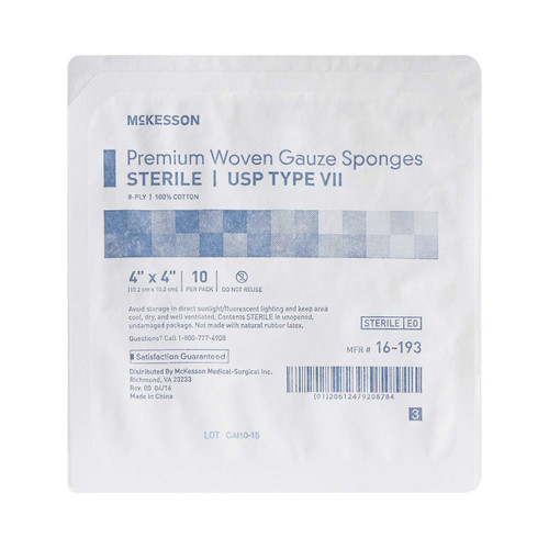 USP Type VII Gauze Sponge McKesson Gauze 8-Ply 4 X 4 Inch Square Sterile 16-193 Box/1 8991FP MCK BRAND 854383_BX