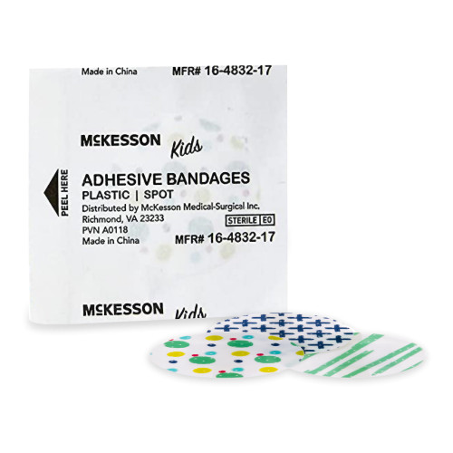 McKesson Kids Adhesive Spot Bandage Plastic Kid Design (Assorted Prints) 1 Inch Diameter Sterile, 16-4832-17, Box of 100