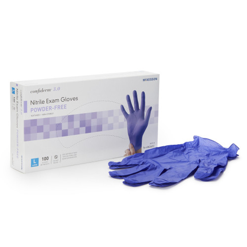McKesson Confiderm 3.0 Exam Glove Large NonSterile Nitrile Standard Cuff Length Textured Fingertips Blue Chemo Tested / Fentanyl Tested, 14-6N36EC, Case of 1000
