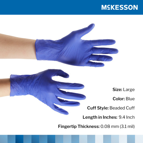 McKesson Confiderm 3.0 Exam Glove Large NonSterile Nitrile Standard Cuff Length Textured Fingertips Blue Chemo Tested / Fentanyl Tested, 14-6N36EC, Case of 1000