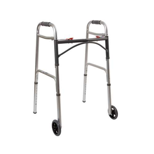 McKesson Dual Release Folding Walker with Two Wheels, Aluminum Frame, Adjustable Height, 350 lbs. Weight Capacity, Pack of 1