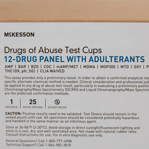 Drugs of Abuse Test McKesson 12-Drug Panel with Adulterants AMP BAR BZO COC mAMP/MET MDMA MOP300 MTD OXY PCP TCA THC OX pH SG Urine Sample 25 Tests 16-5125A3 Case/100 H3564 MCK BRAND 1101520_CS