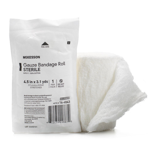 McKesson Fluff Bandage Roll 4-1/2 Inch X 3-1/10 Yard 8-Ply Sterile 1 per Pouch, 16-4043, Case of 100
