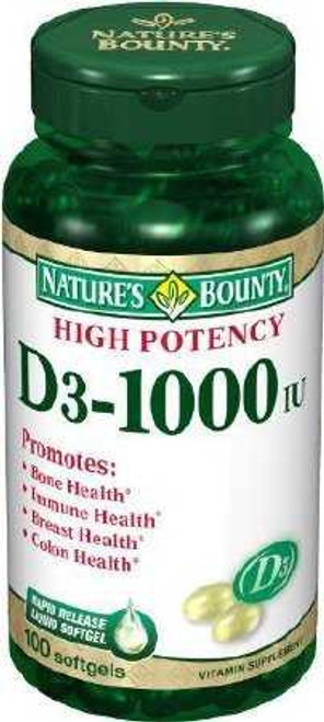 Vitamin Supplement Nature s Bounty Vitamin D 1000 IU Strength Softgel 100 per Bottle 07431215605 Bottle/1 4426 US Nutrition 852699_BT