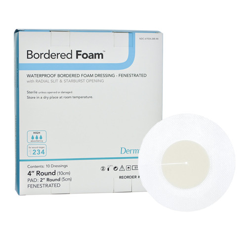 BorderedFoam Foam Dressing 4 Inch Diameter With Border Waterproof Backing Nonacrylic Adhesive Fenestrated Round Sterile, 00288E, Pack of 1