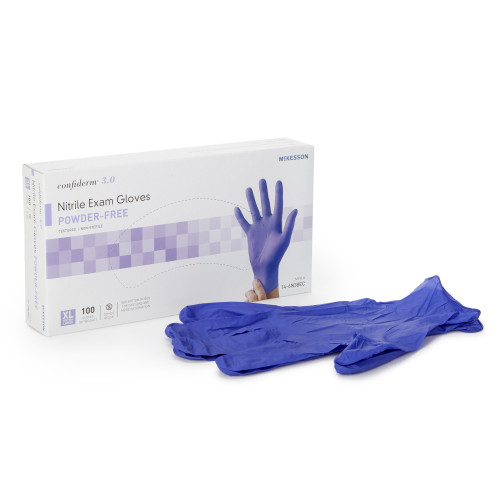 McKesson Confiderm 3.0 Exam Glove X-Large NonSterile Nitrile Standard Cuff Length Textured Fingertips Blue Chemo Tested / Fentanyl Tested, 14-6N38EC, Box of 100
