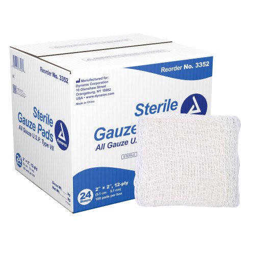 Dynarex Gauze Sponge 2 X 2 Inch 12-Ply Sterile 1 per Pack, 3352, Case of 2400