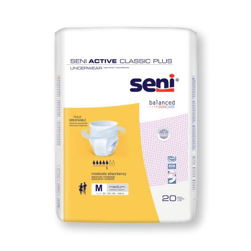 Seni Active Classic Plus Absorbent Underwear Pull On with Tear Away Seams Adult Medium Unisex Disposable Moderate Absorbency, S-ME20-AC2, Case of 80