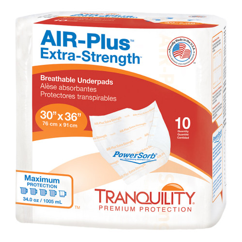 Tranquility AIR-Plus Extra-Strength Disposable Underpad Low Air Loss 30 X 36 Inch Powersorb Material Heavy Absorbency, 2711, Bag of 10