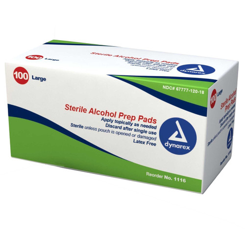Alcohol Prep Pad Dynarex 70% Strength Isopropyl Alcohol Individual Packet Large Sterile 1116 Box/100 12001-4 Dynarex 864525_BX