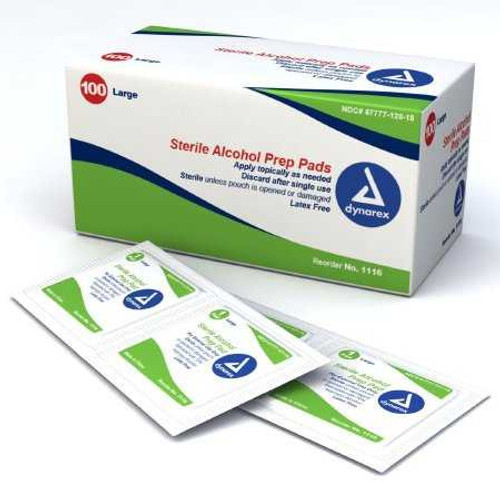 Alcohol Prep Pad Dynarex 70% Strength Isopropyl Alcohol Individual Packet Large Sterile 1116 Box/100 12001-4 Dynarex 864525_BX
