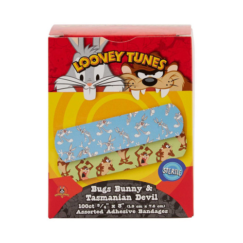 Adhesive Strip Looney Tunes Stat Strip 3/4 X 3 Inch Plastic Rectangle Kid Design Looney Tunes Bugs and Taz Sterile 1073737 Case/1200 4412-2X Dukal 278007_CS