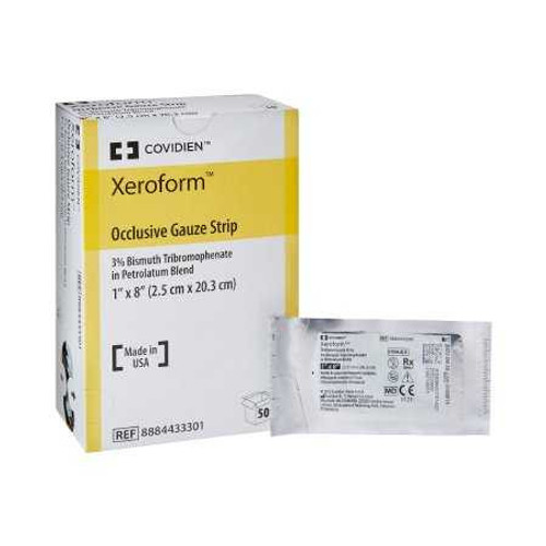 Petrolatum Impregnated Dressing Xeroform 1 X 8 Inch Gauze Bismuth Tribromophenate / Petrolatum Sterile 8884433301 Box/50 PF-012/1 Cardinal 147128_BX