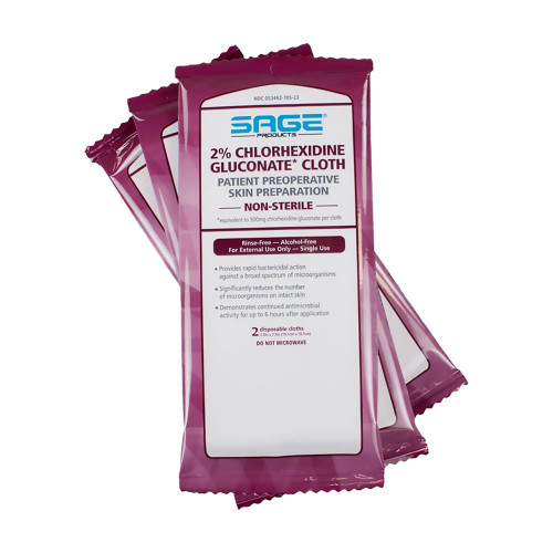 Sage Skin Prep Wipe 2 per Pack Soft Pack 2% Strength CHG (Chlorhexidine Gluconate) NonSterile, 9705, Case of 96