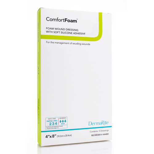 ComfortFoam Border Foam Dressing 4 X 8 Inch With Border Waterproof Backing Silicone Adhesive Rectangle Sterile, 43480, Pack of 1