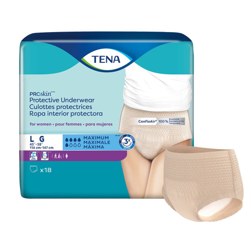 TENA ProSkin Protective Absorbent Underwear Pull On with Tear Away Seams Adult Large Female Disposable Moderate Absorbency, 73030, Bag of 18