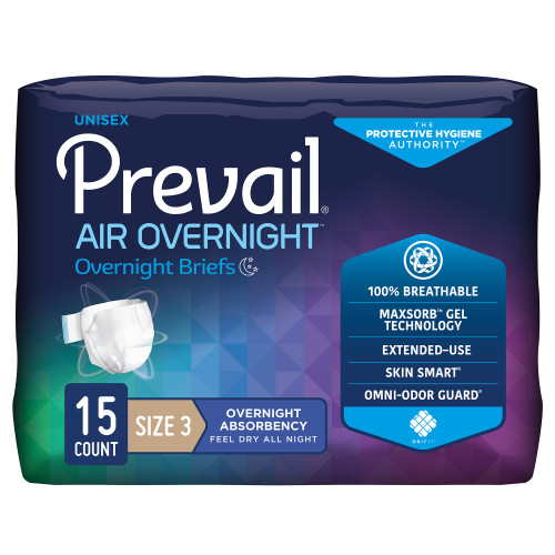 Prevail Air Overnight Incontinence Brief Adult Size 3 / X-Large Unisex Disposable Heavy Absorbency, NGX-014, Bag of 15