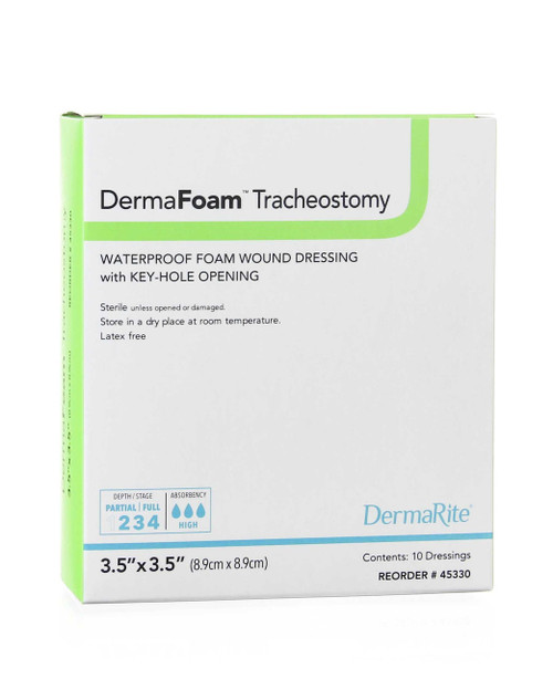Foam Dressing DermaFoam Tracheostomy 3-1/2 X 3-1/2 Inch Fenestrated Square Non-Adhesive without Border Sterile 45330 Each/1 125276 DermaRite Industries 946613_EA