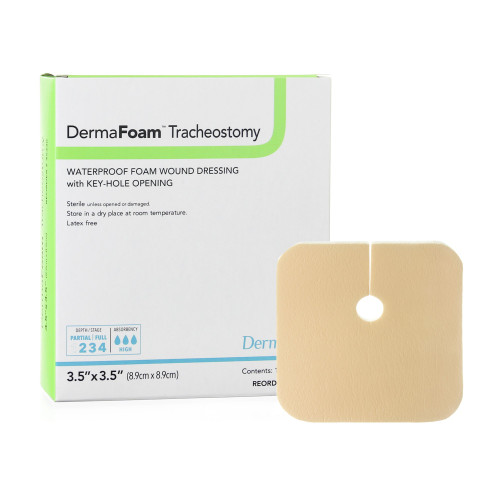 DermaFoam Tracheostomy Foam Dressing 3-1/2 X 3-1/2 Inch Without Border Waterproof Backing Nonadhesive Fenestrated Square Sterile, 45330, Pack of 1