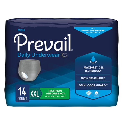 Prevail Daily Underwear Absorbent Underwear Pull On with Tear Away Seams Adult 2X-Large Male Disposable Heavy Absorbency, PUM-517, Bag of 14