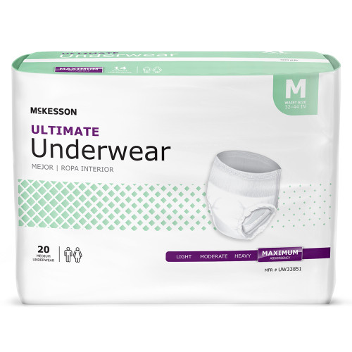 McKesson Absorbent Underwear Pull On with Tear Away Seams Adult Medium Unisex Disposable Heavy Absorbency, UW33851, Bag of 20